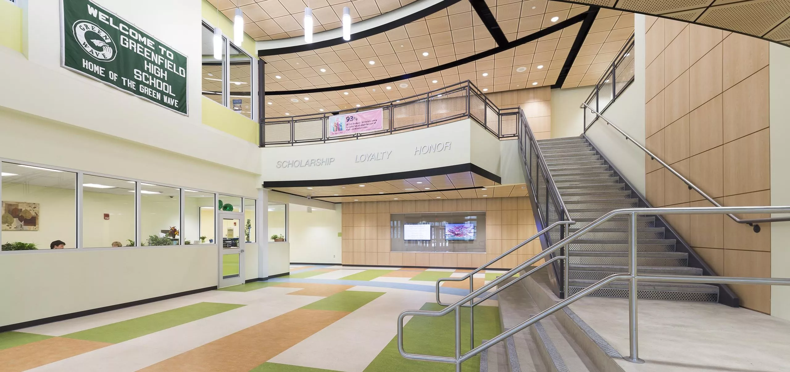 interior view of Greenfield High School hallway and stairs