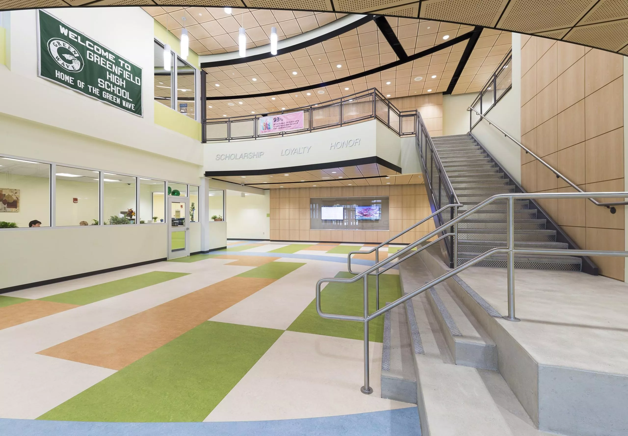 interior view of Greenfield High School hallway and stairs