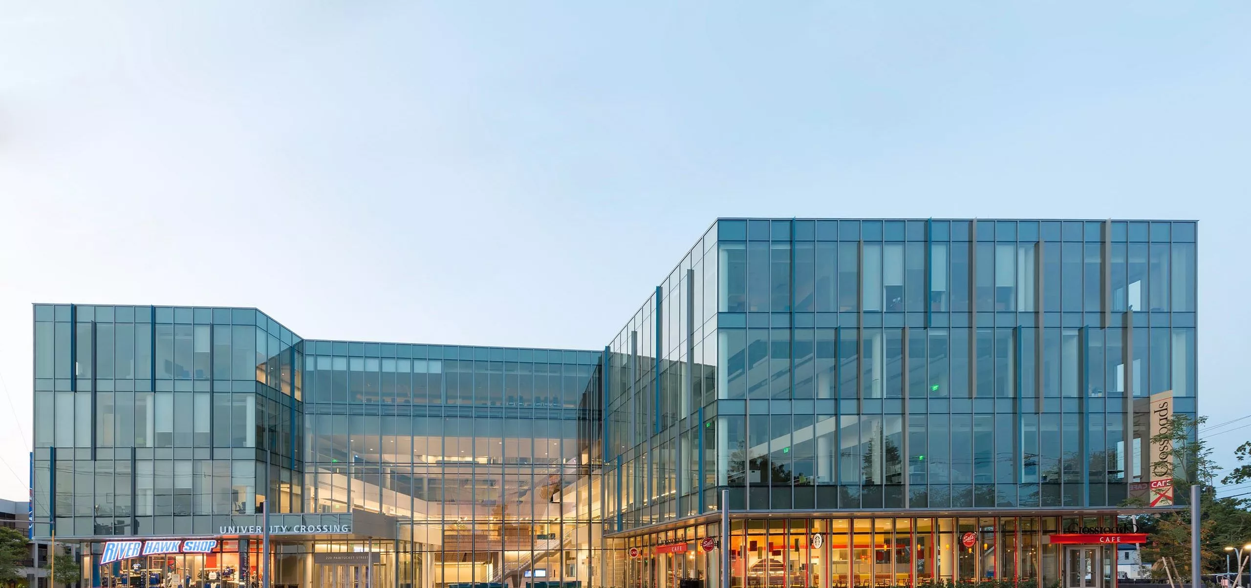 All glass exterior of UMass University Crossing