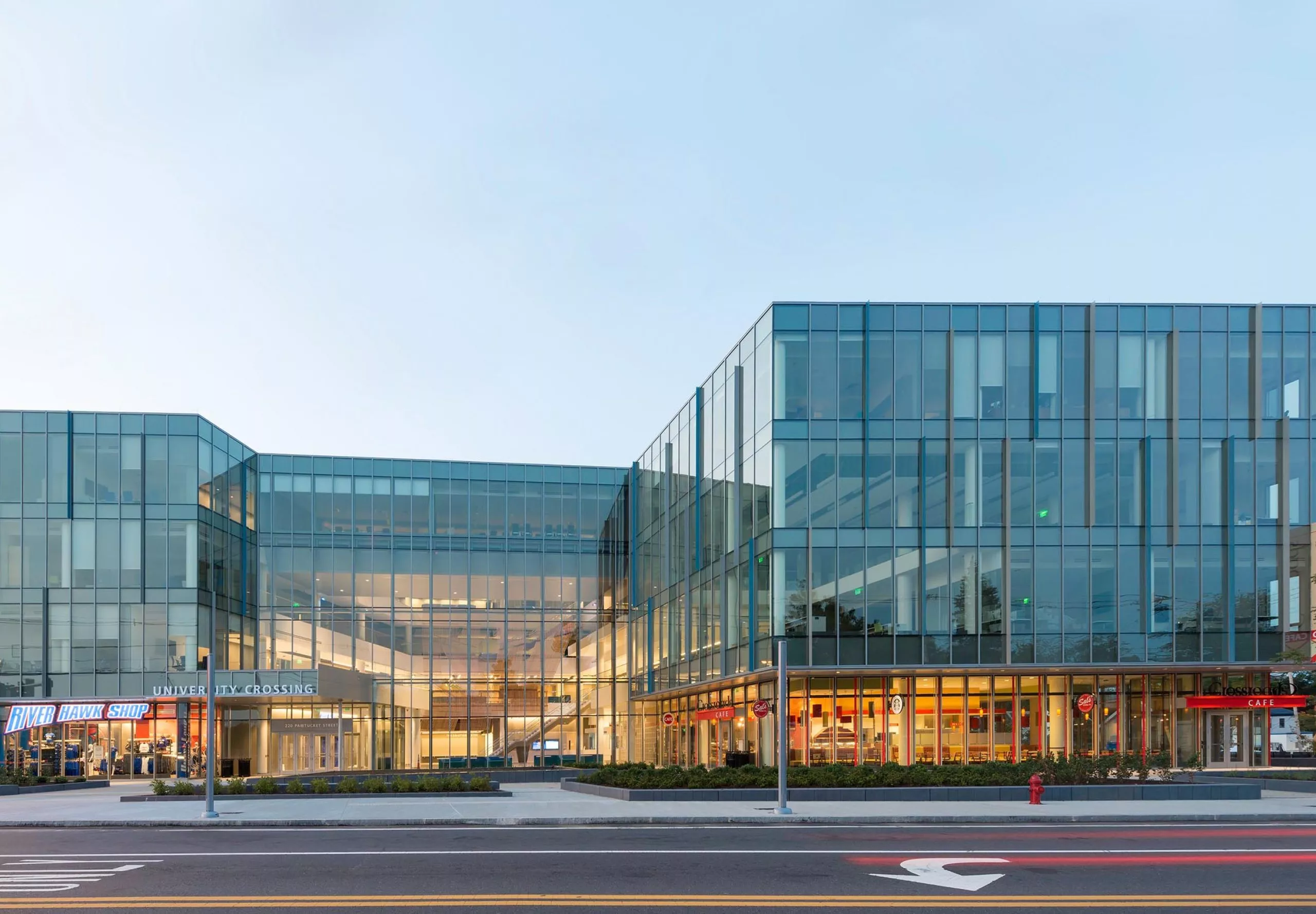 All glass exterior of UMass University Crossing