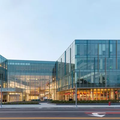 All glass exterior of UMass University Crossing