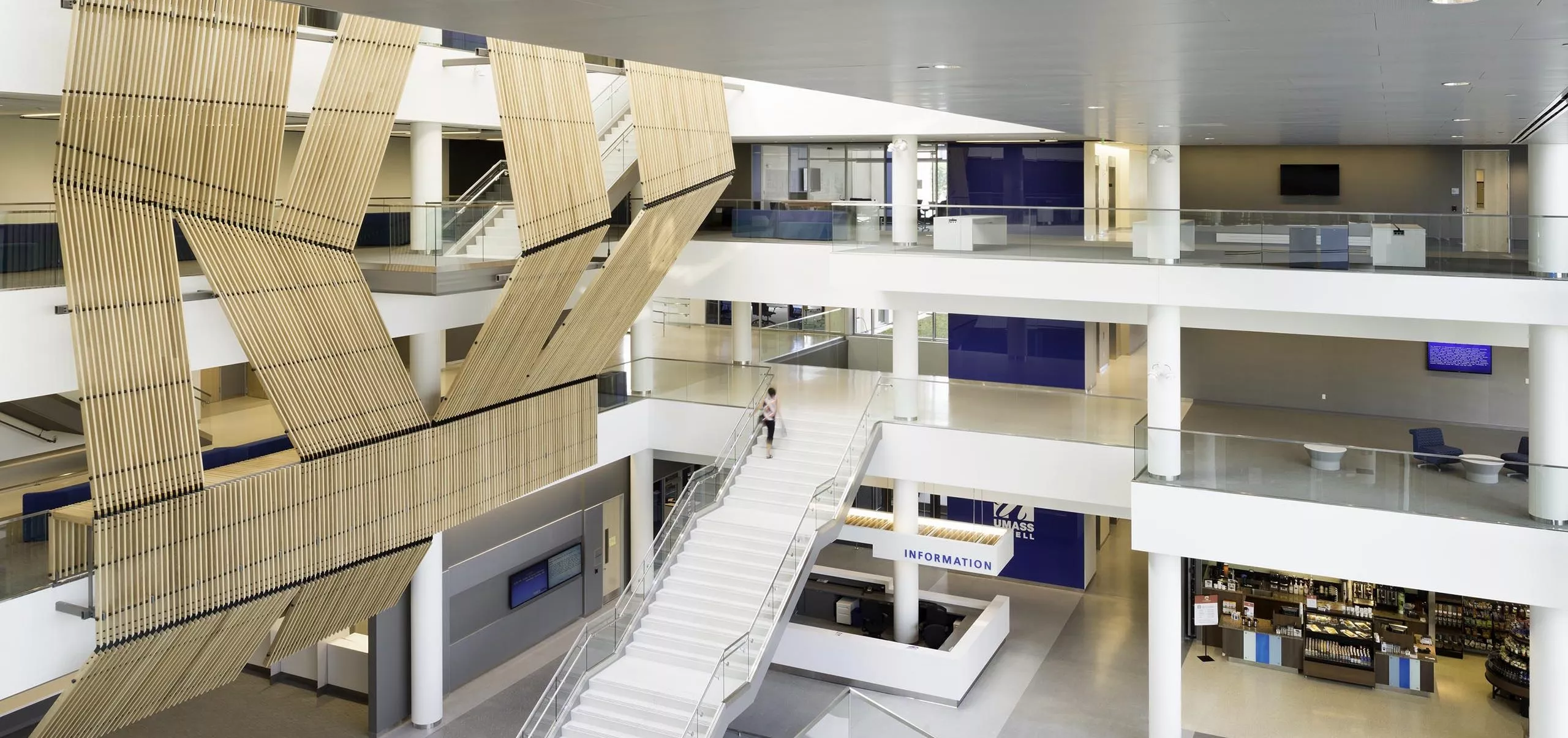 Multistory open lobby of UMass University Crossing