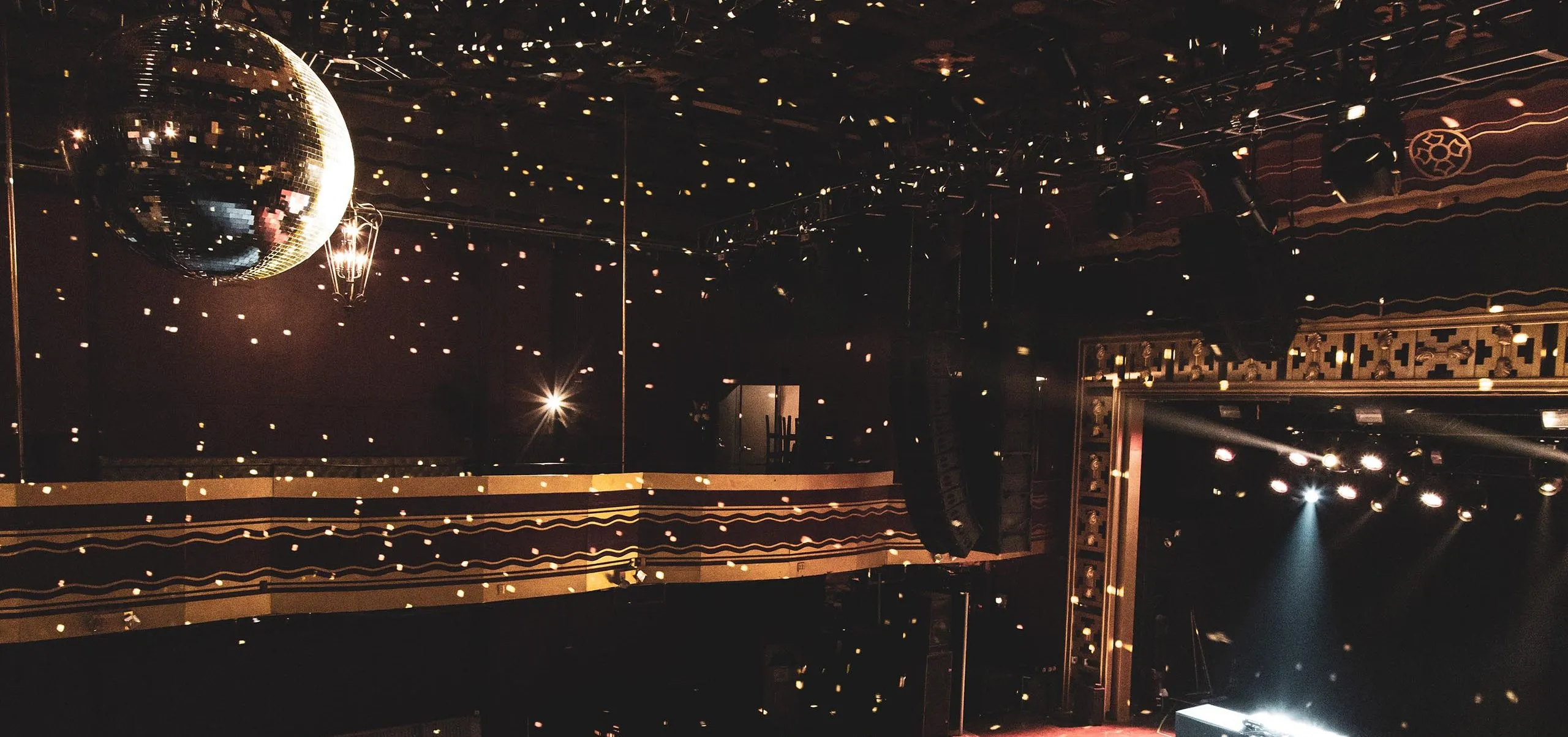 Disco ball and lighting in auditorium of Webster Hall