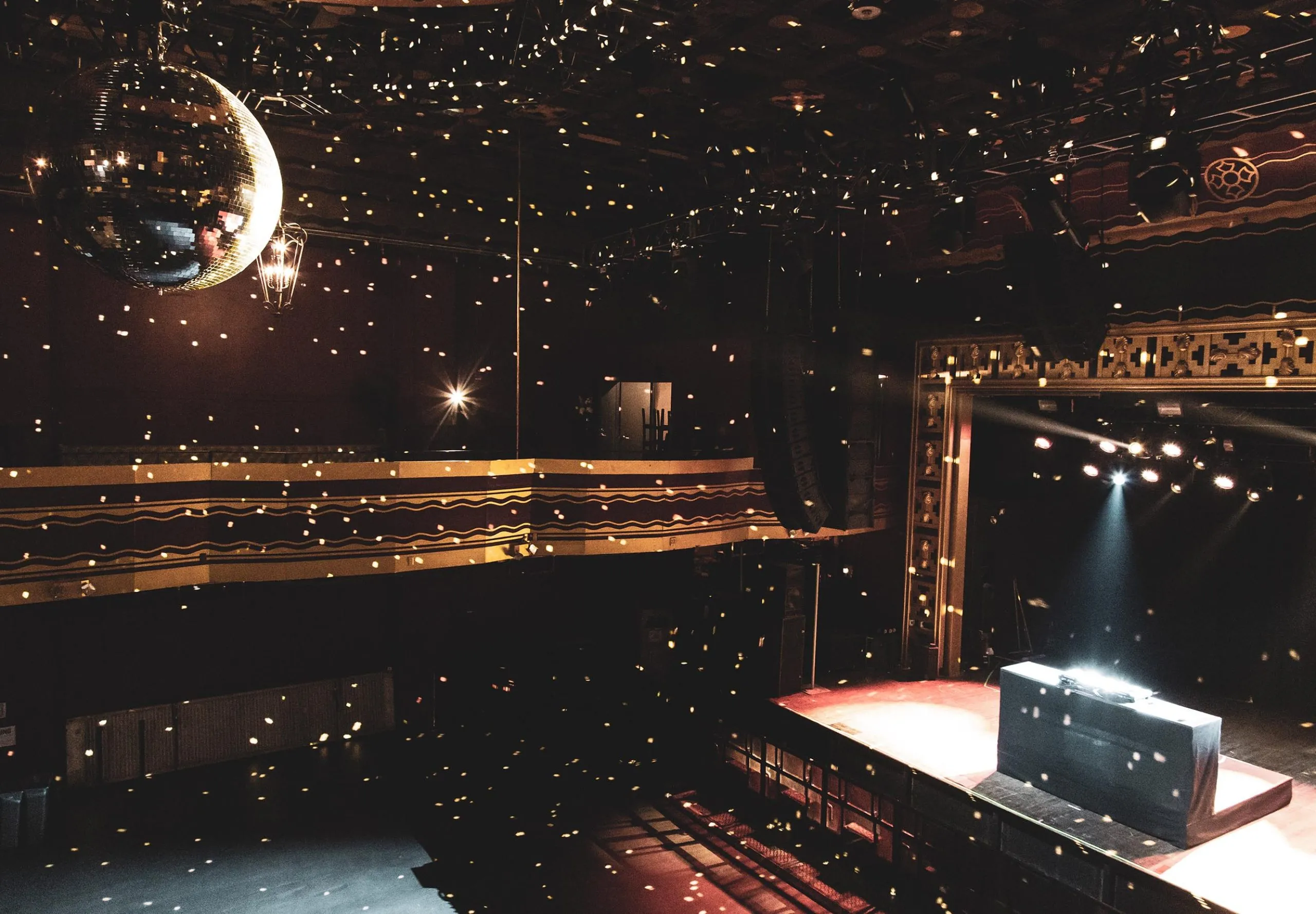 Disco ball and lighting in auditorium of Webster Hall