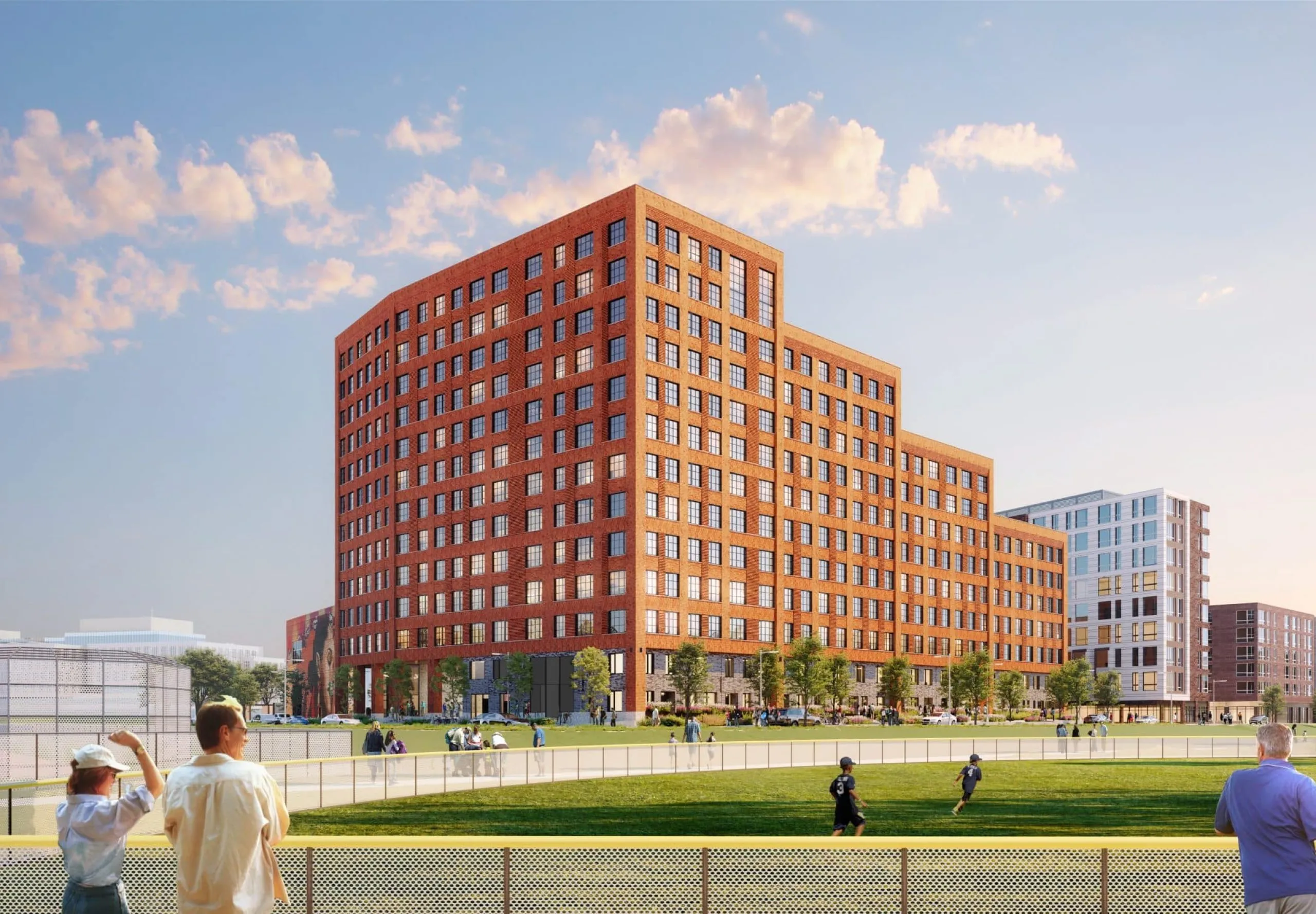 Rendering of Harvard University 100 South Campus Drive buildling in the distance