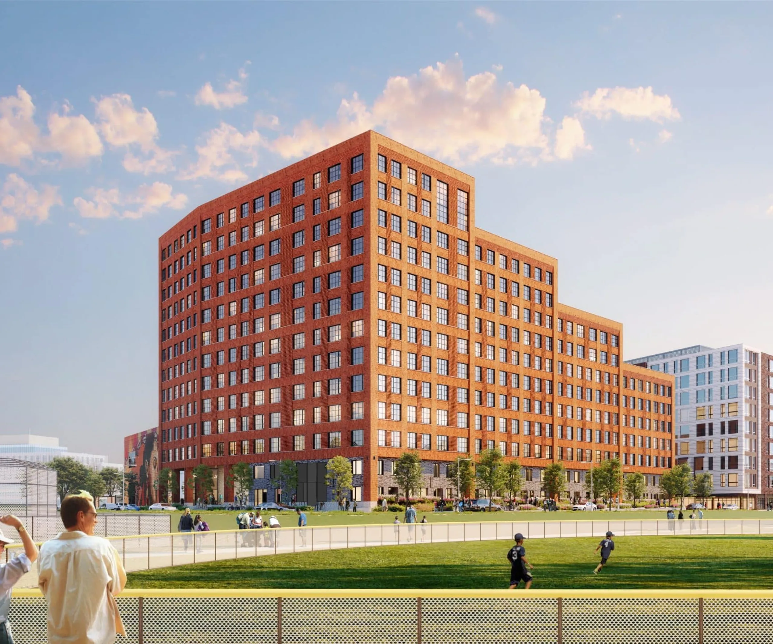 Rendering of Harvard University 100 South Campus Drive buildling in the distance