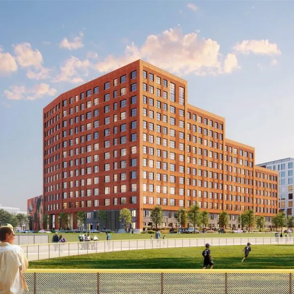 Rendering of Harvard University 100 South Campus Drive buildling in the distance