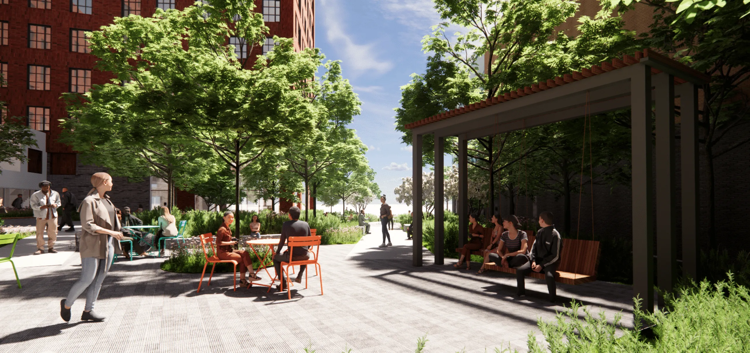 Rendering of Harvard University 100 South Campus Drive outdoor plaza with tables and chairs