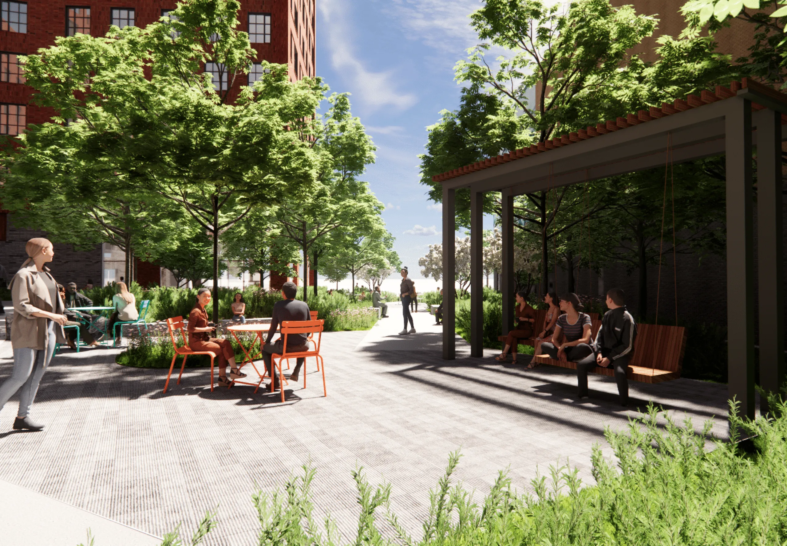 Rendering of Harvard University 100 South Campus Drive outdoor plaza with tables and chairs