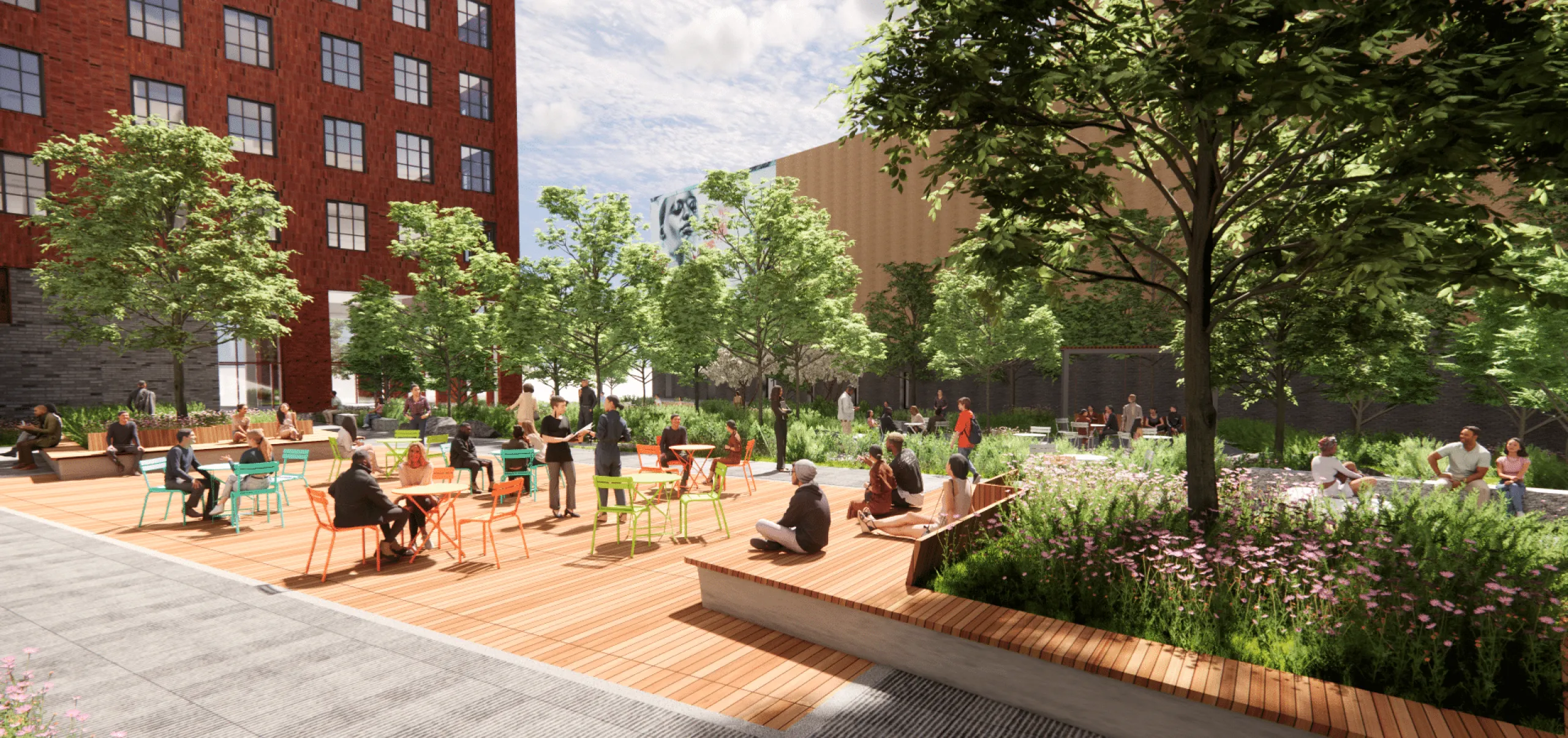 Rendering of Harvard University 100 South Campus Drive outdoor plaza with tables and chairs