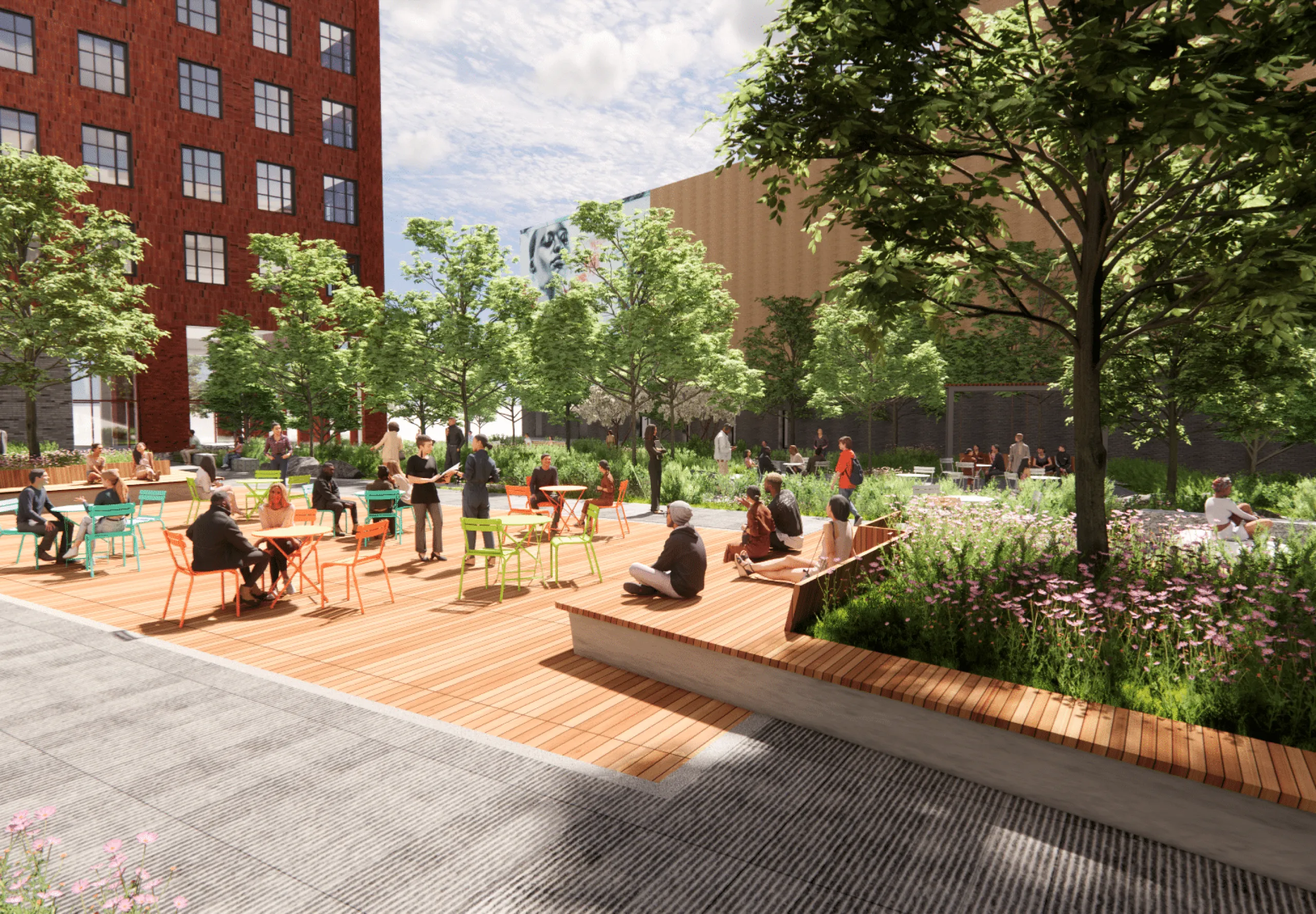 Rendering of Harvard University 100 South Campus Drive outdoor plaza with tables and chairs