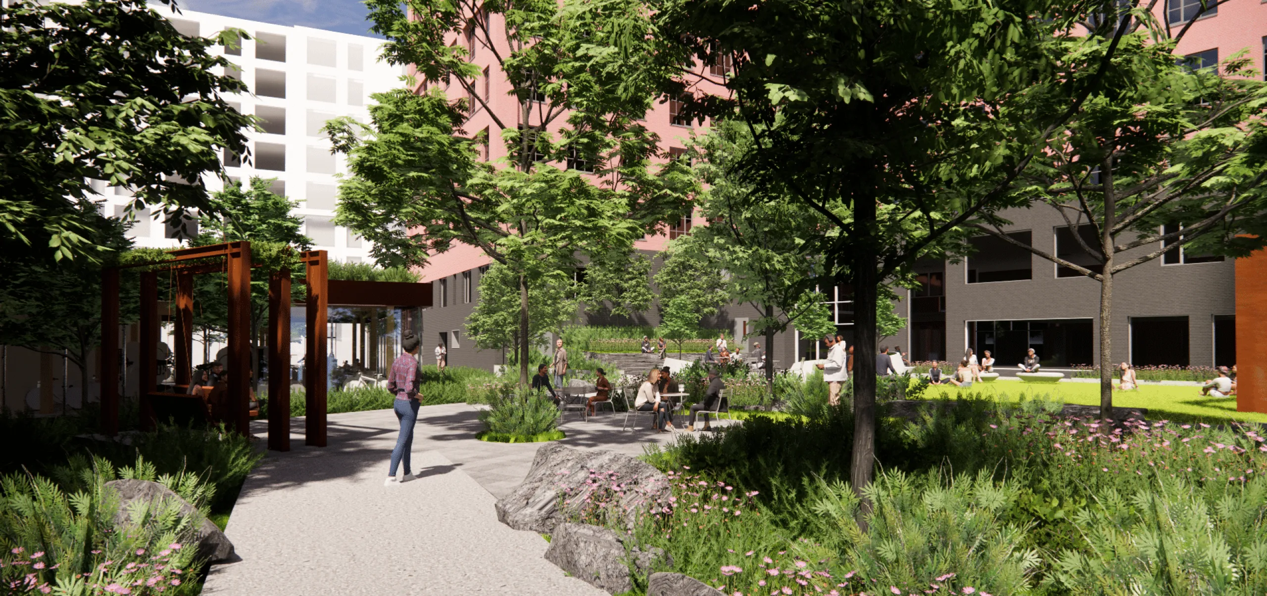 Rendering of Harvard University 100 South Campus Drive outdoor plaza and walkways