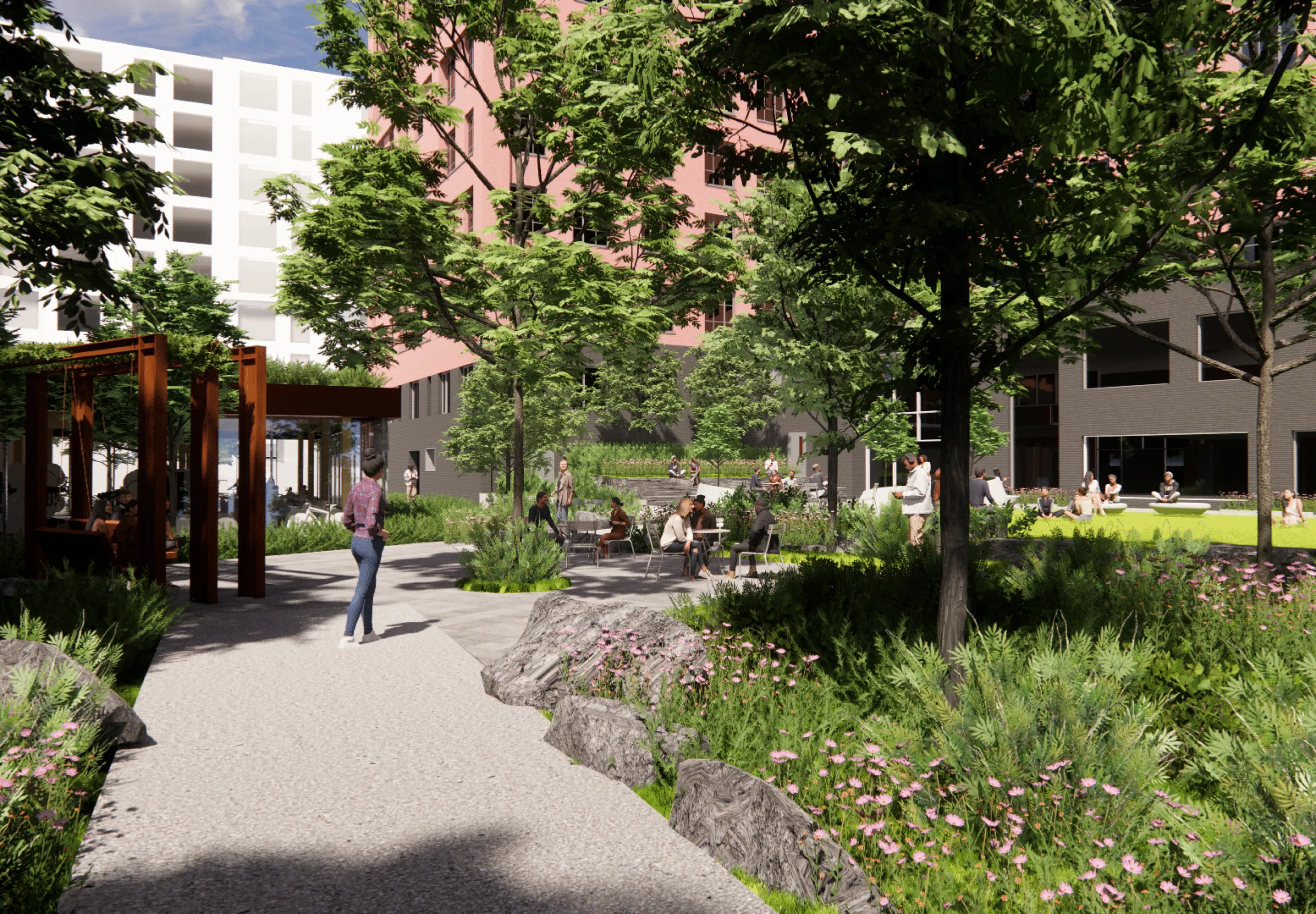 Rendering of Harvard University 100 South Campus Drive outdoor plaza and walkways